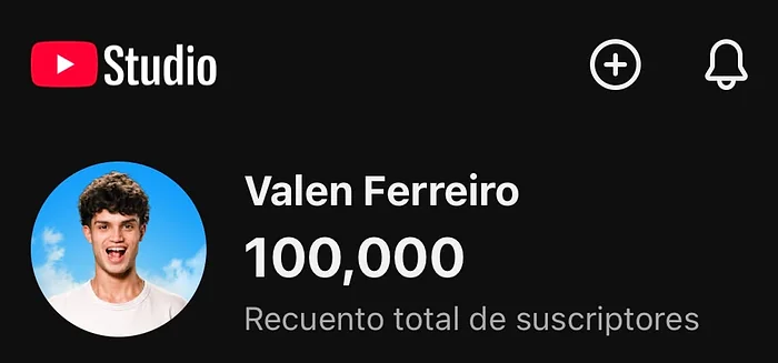 YouTube Studio de Valen Ferreiro mostrando 100.000 suscriptores